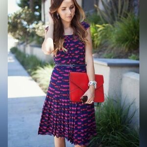 Halogen Navy, Pink and Red Lip Print Pleated Midi Dress
